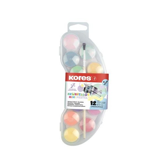 Vízfesték, 12 darabos, 25 mm, ecsettel, KORES "Akuarellos Mini", pasztell színek Vízfesték, 12 darabos, 25 mm, ecsettel, KORES "Akuarellos Mini", pasztell színek