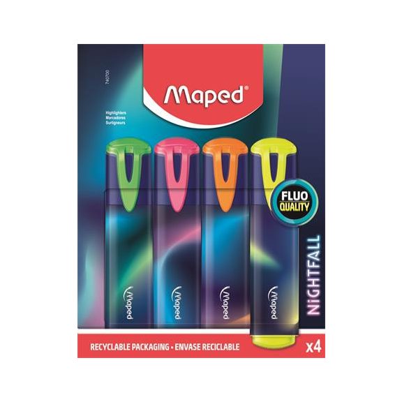 Szövegkiemelő készlet, 1-5 mm, MAPED "Nightfall", 4 különböző szín Szövegkiemelő készlet, 1-5 mm, MAPED "Nightfall", 4 különböző szín
