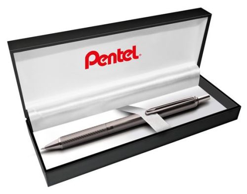 Zseléstoll, 0,35 mm, nyomógombos, antracit tolltest, PENTEL "EnerGel BL-407" fekete, ajándék kék tollbetéttel
