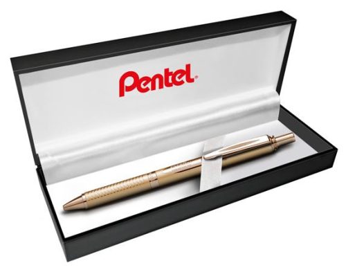 Zseléstoll, 0,35 mm, nyomógombos, arany tolltest, PENTEL "EnerGel BL-407" fekete, ajándék kék tollbetéttel