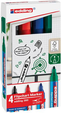 Flipchart marker készlet, 1,5-3 mm, kúpos, EDDING "380", 4 különböző szín