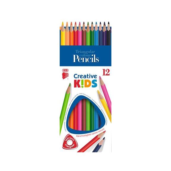 Színes ceruza készlet, háromszögletű, ICO "Creative kids", 12 különböző szín Színes ceruza készlet, háromszögletű, ICO "Creative kids", 12 különböző szín
