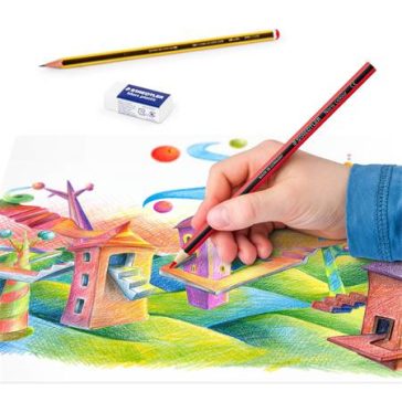   Színes ceruza készlet, hatszögletű, ajándék grafitceruzával és radírral, STAEDTLER "Noris 185", 12 különböző szín