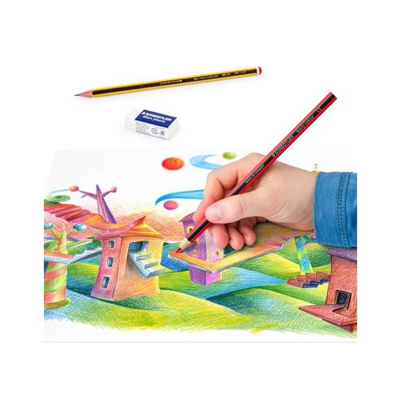Színes ceruza készlet, hatszögletű, ajándék grafitceruzával és radírral, STAEDTLER "Noris 185", 12 különböző szín Színes ceruza készlet, hatszögletű, ajándék grafitceruzával és radírral, STAEDTLER "Noris 185", 12 különböző szín