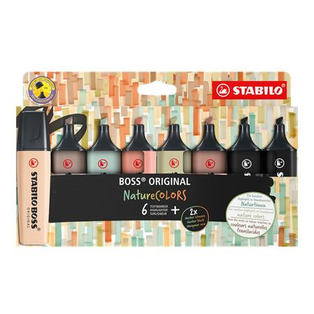 Szövegkiemelő készlet, 2-5 mm, STABILO "BOSS original NatureCOLORS", 6 különböző szín + 2 fekete