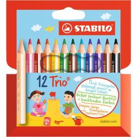   Színes ceruza készlet, háromszögletű, vastag, rövid, STABILO "Trio", 12 különböző szín
