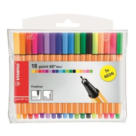   Tűfilc készlet, 0,4 mm, STABILO "Point 88 Mini Neon", 18 különböző szín