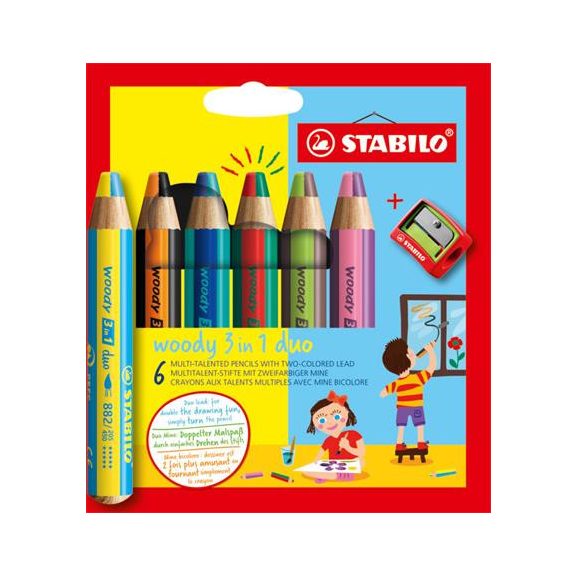 Színes ceruza készlet, STABILO "Woody 3 in 1 duo", 6 dupla vegyes szín Színes ceruza készlet, STABILO "Woody 3 in 1 duo", 6 dupla vegyes szín