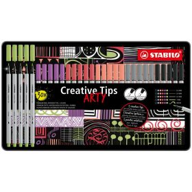   Tűfilc készlet, fém doboz, STABILO "Creative Tips ARTY", 6 különböző pasztell szín, 5 különböző vastagság