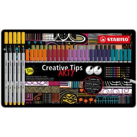   Tűfilc készlet, fém doboz, STABILO "Creative Tips ARTY", 10 különböző szín, 5 különböző vastagság