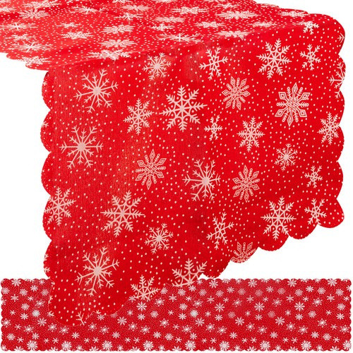 Karácsonyi asztali terítő piros alapon hópelyhes mintával – 185×35 cm, Ruhhy
