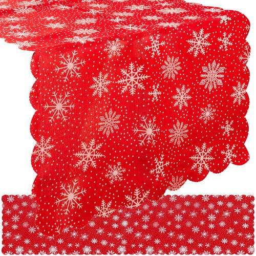 Karácsonyi asztali futó piros, fehér hópelyhes mintával – 150×35 cm, Ruhhy