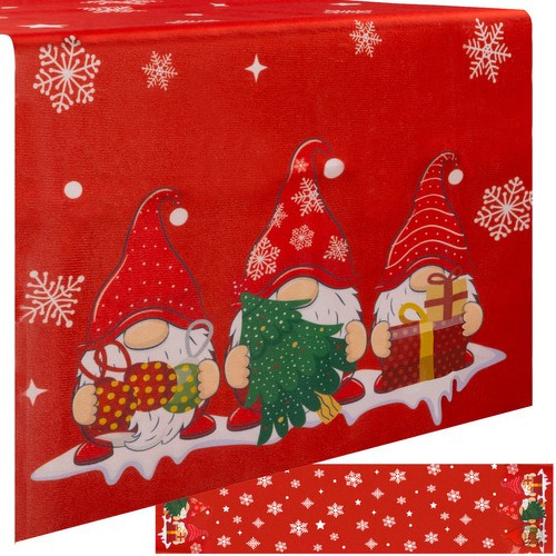 Karácsonyi asztali terítő piros alapon hópelyhes, csillagos és manós mintával – 180×40 cm, Ruhhy