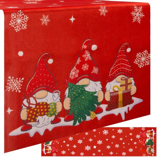 Karácsonyi asztali terítő piros alapon hópelyhekkel és manó mintával – 220×40 cm, Ruhhy