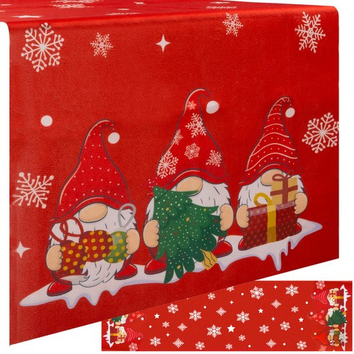 Karácsonyi asztali futó piros alapon hópelyhes, csillagos és manós mintával – 150×40 cm, Ruhhy