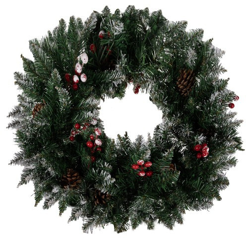 Havas hatású karácsonyi koszorú – 45 cm, tobozokkal és bogyókkal díszítve, Ruhhy
