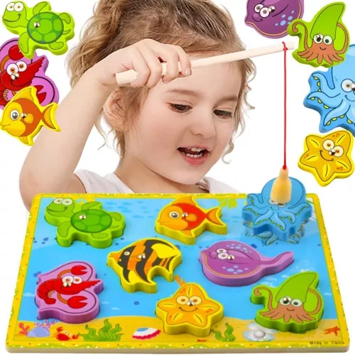 „Halacskás” mágneses horgász puzzle – 10 részes, fa játék gyerekeknek, Kruzzel