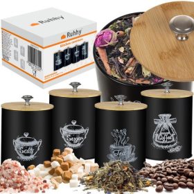   4 részes konyhai tárolódoboz szett – fekete, bambusz fedéllel, Ruhhy