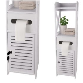   Álló fürdőszobai szekrény WC-papír tartóval, zárható, fehér, Ruhhy