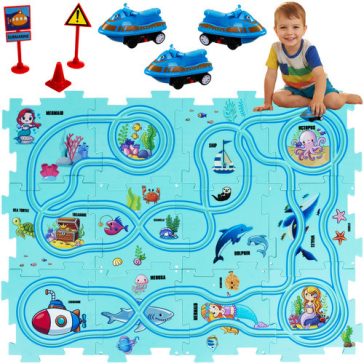 Kreatív oktató puzzle pálya – 25 részes készlet járművekkel és közlekedési táblákkal, Kruzzel