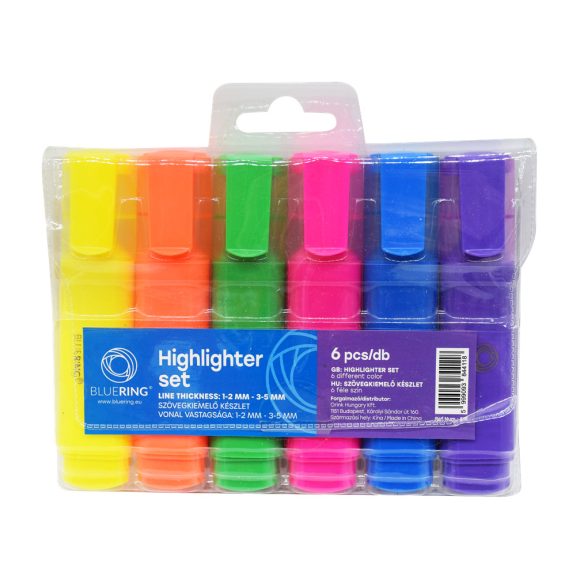 Szövegkiemelő lapos testű készlet, Bluering® 6 klf. szín Szövegkiemelő lapos testű készlet, Bluering® 6 klf. szín