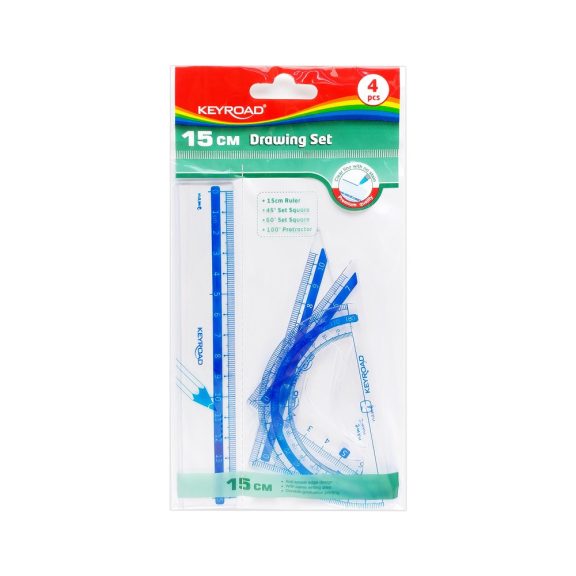 Vonalzókészlet, 15 cm, vonalzó, szögmérő, 45° és 60° háromszög vonalzók 4 db/bliszter Keyroad Vonalzókészlet, 15 cm, vonalzó, szögmérő, 45° és 60° háromszög vonalzók 4 db/bliszter Keyroad