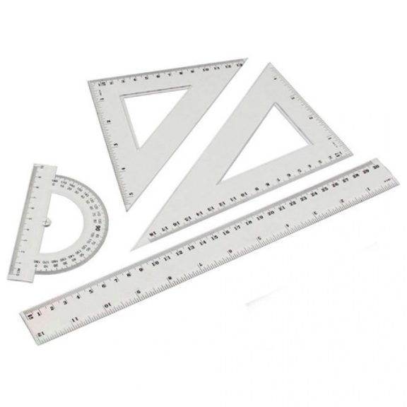 Vonalzókészlet, 30cm, vonalzó, szögmérő, 45° és 60° háromszög vonalzók 4 db/csom Vonalzókészlet, 30cm, vonalzó, szögmérő, 45° és 60° háromszög vonalzók 4 db/csom