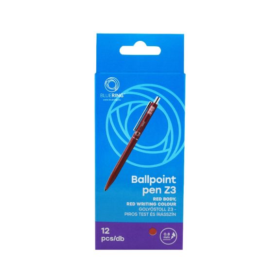 Golyóstoll 0,8mm, nyomógombos műanyag piros test, Bluering® Z3, írásszín piros